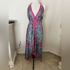 Elegant Asymmetrical Paisley Dress - Pink and Blue